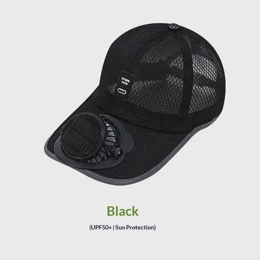 Solar powered fan hat showing monocrystalline panel on brim