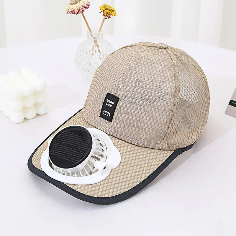 Breezecool hat in beige solar powered cooling cap festival wear