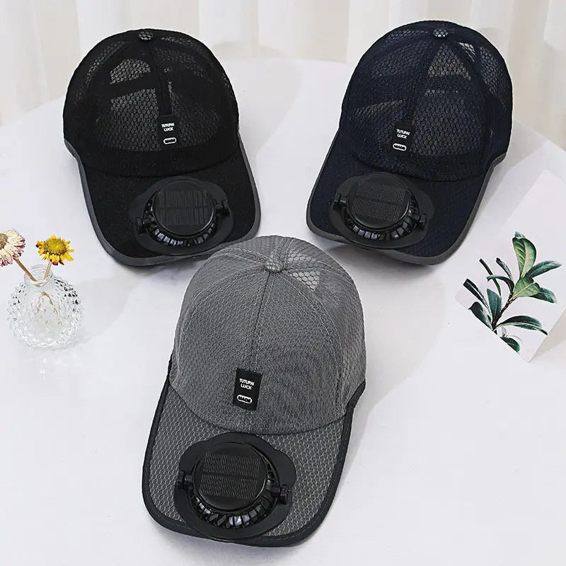 Person wearing Breezecool solar fan hat staying cool in heat
