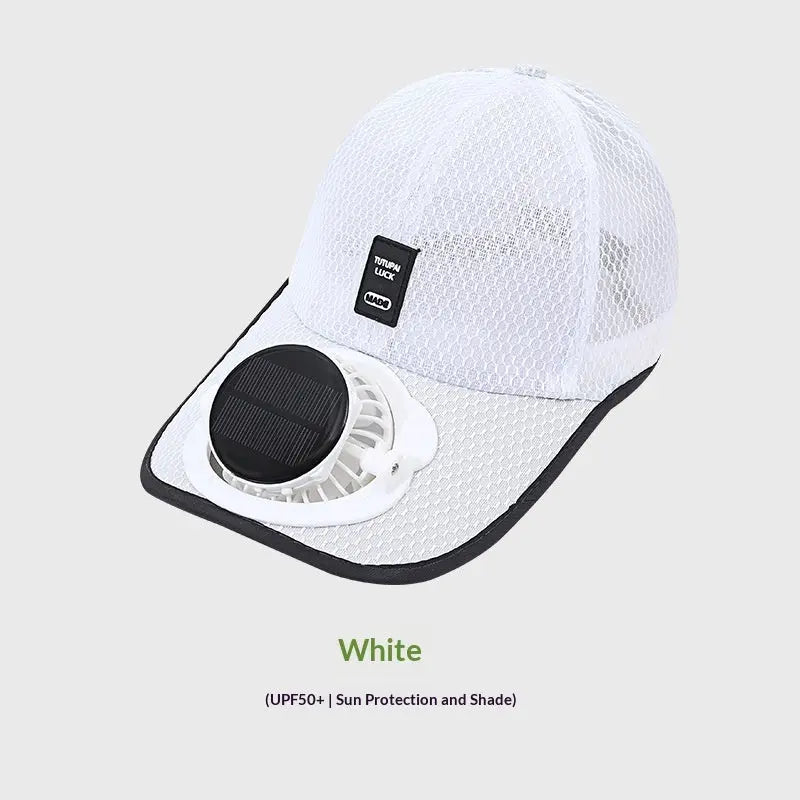White solar fan hat breathable mesh cap USB-C charging